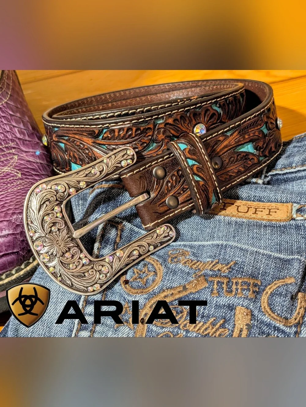 Ariat Jocelyn Genuine Tooled Brown and Turquoise Leather Belt With Bling Buckle